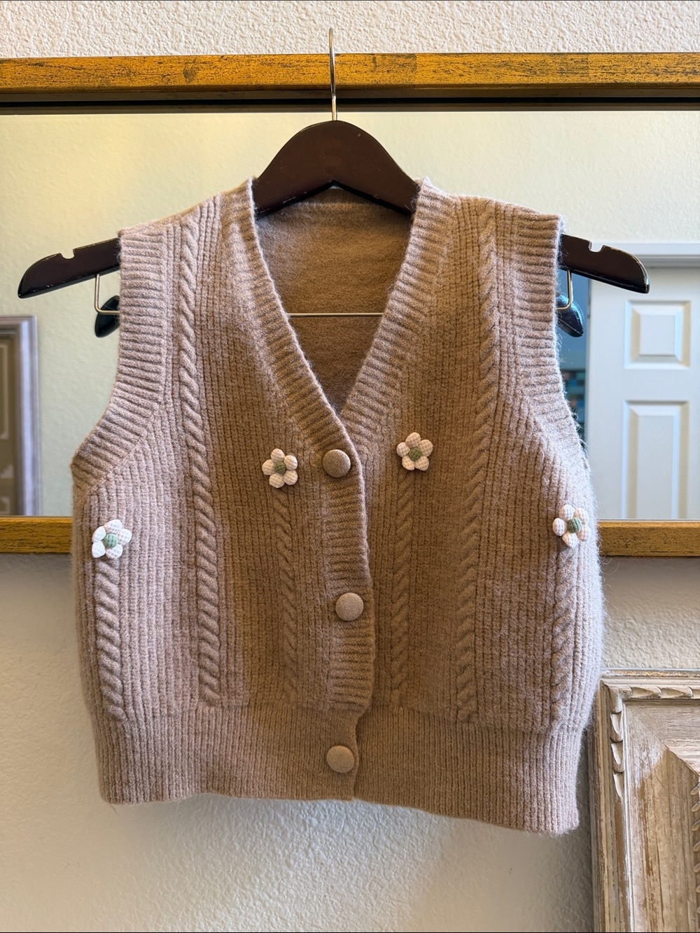 Cozy Knit Floral Button Vest - Taupe